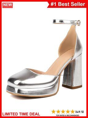 Women's Closed Toe Platform Chunky Heels PU Metallic Ankle Strap Pumps